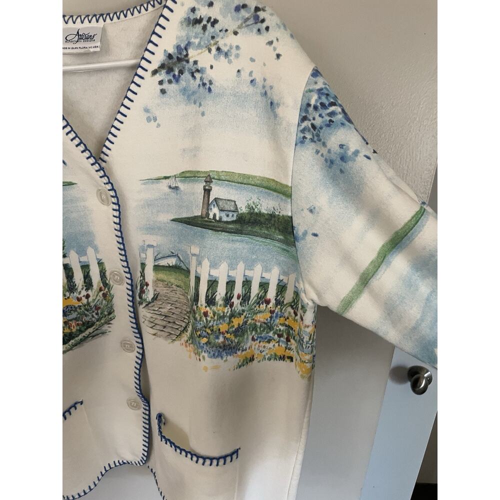 Vtg Artisan Sunchein Designs Cardigan Sweater Coastal Seaside Lighthouse Flowers - Picture 3 of 8